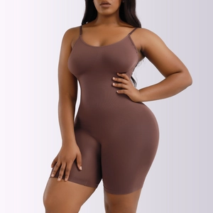 Detailed knit texture of seamless dark brown body shaper with spaghetti straps