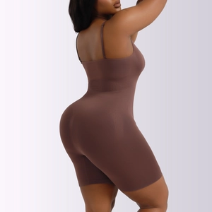 Detail view of seamless dark brown shapewear bodysuit showing tummy and buttock control