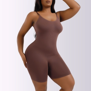 Detailed view of seamless compression shapewear bodysuit with adjustable straps in brown