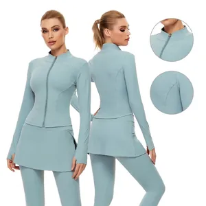 Ensemble de yoga 3 pièces avec veste zippée et legging à jupe en bleu-vert clair