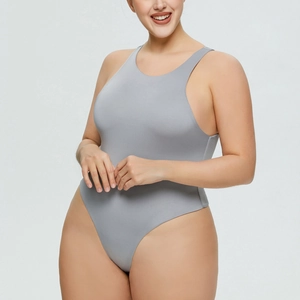 Detail of light grey sleeveless bodysuit with high-cut leg and ribbed matte texture
