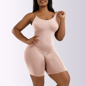 Detail of nude seamless bodysuit with vertical knitting texture and slim shoulder straps