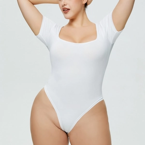 Close-up of white square neck short sleeve bodysuit with slim fit and high cut design