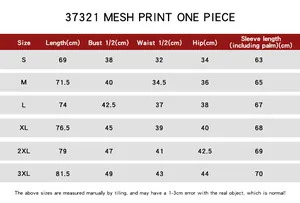 Size chart for printed mesh bodysuit showing measurements from S to 3XL in centimeters