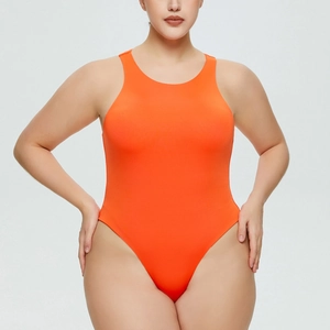 Detail view of vibrant orange sleeveless bodysuit with a high-cut leg and slim fit design