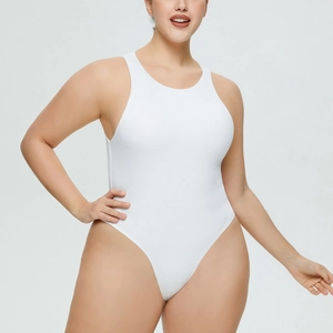 Detail view of white sleeveless bodysuit featuring a high-cut design and slim fit fabric