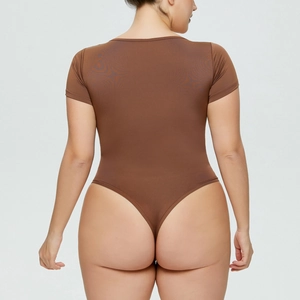 Rear view of dark brown short sleeve bodysuit showing thong cut and elastic fabric detail