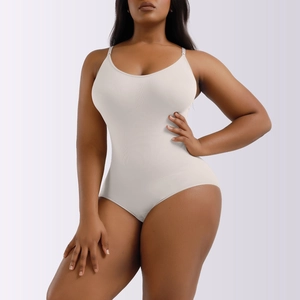 Detail of seamless slimming bodysuit showing stretchy fabric and adjustable straps