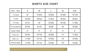 Tableau des tailles pour shorts de yoga montrant les mesures du S au XXL en pouces