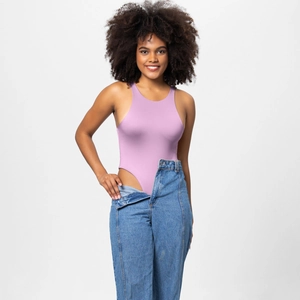 Detail of mauve pink sleeveless bodysuit paired with denim jeans on a model