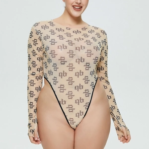 Women mesh bodysuit with long sleeves, retro monogram print and high-cut leg silhouette