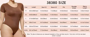Size chart showing S to XXXL measurements for a slim fit brown short sleeve bodysuit