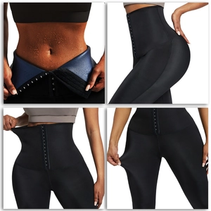 Détail du legging taille haute montrant la fermeture à agrafes et le tissu sauna sudation