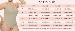 Detailed size chart for ribbed sleeveless bodysuit with length, bust, waist, and hip data