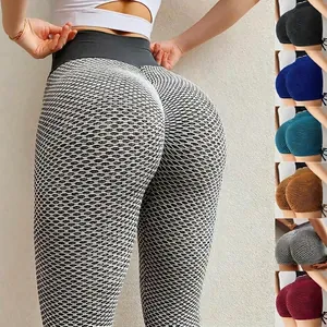 Pantalon de Yoga Femme Texture Nid d'Abeille Taille Haute Butt Lifting Leggings Fitness Contrôle du Ventre Entraînement Froncé