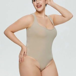 Detailed view of the ribbed knit fabric texture on a beige sleeveless bodysuit