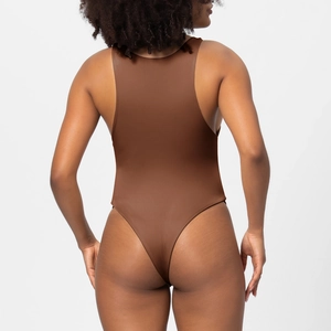 Detail view of the deep brown backless bodysuit with high-cut leg and stretch fabric