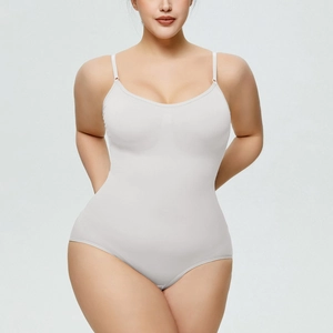 Detailed view of seamless shaping bodysuit with elastic straps and firm tummy control