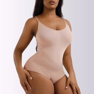 Detail view of seamless nude bodysuit with adjustable straps and tummy control texture