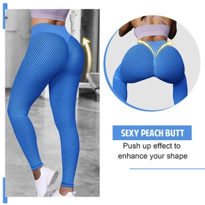 Pantalon de yoga bleu taille haute à texture nid d'abeille avec effet push-up fessier
