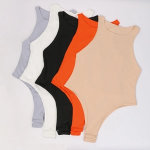 Sleeveless solid color bodysuit set for women in black white grey orange and beige
