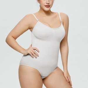 Detail of seamless slimming bodysuit with ribbed texture and adjustable shoulder straps