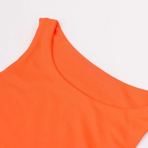 Close-up of vibrant orange seamless neckline and fine ribbed texture of the bodysuit
