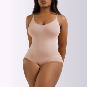 Close-up of seamless nude shapewear bodysuit with adjustable spaghetti straps on model