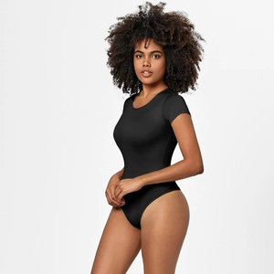 Detailed close-up of a women's black round-neck bodysuit with a slim-fit cut and high-cut leg