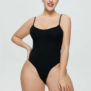 Close-up of the ribbed knit fabric and slim-fit texture on this black bodysuit
