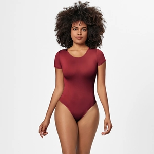 Close-up of wine red crew neck bodysuit featuring high-cut leg and elastic fabric texture