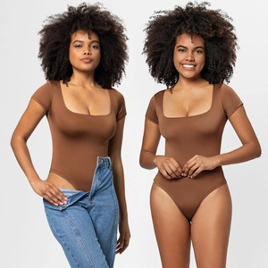 Detail of brown square neck bodysuit showing elastic knit fabric and high cut design