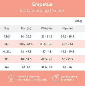 Tableau des tailles détaillé pour culotte gainante haute avec mesures en pouces