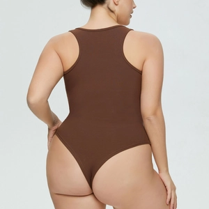 Close-up of dark brown ribbed bodysuit back with racerback and high-cut thong design