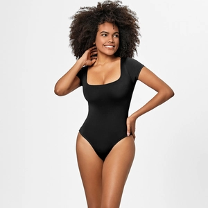 Detail shot of black short sleeve bodysuit with square neckline and slim fit design