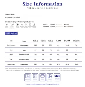 Detailed size chart for the bodysuit showing measurements for S to 3XL in centimeters