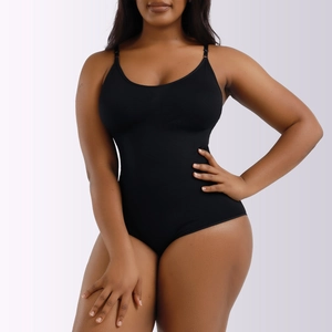 Front view of seamless black shapewear bodysuit with spaghetti straps on female model