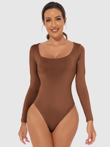 Detail of coffee brown long sleeve bodysuit with square neck and slim fit elastic fabric