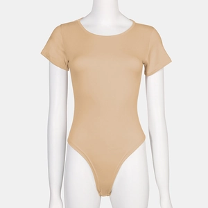 Detail view of the crewneck short sleeve bodysuit with slim fit on a mannequin