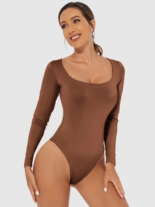 Slim fit brown square neck long sleeve bodysuit for women made of high elastic fabric