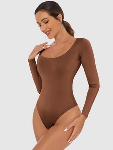 Close-up of brown long sleeve bodysuit featuring a deep round neckline and slim fit design