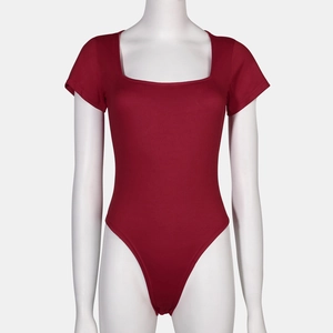 Detail of square neck wine red short sleeve bodysuit on a white mannequin torso