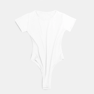 Detailed flat lay of white short sleeve bodysuit with high-cut design and crotch closure