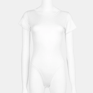 Detailed view of the snap button closure on a slim fit white short sleeve bodysuit