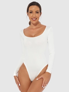 Detail view of white long sleeve bodysuit with deep U-neckline and high-cut leg