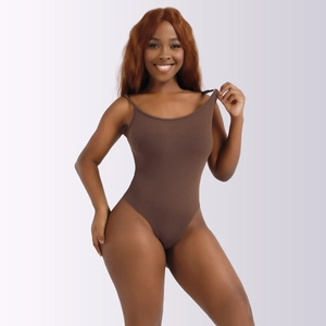 Detail of slim fit mocha ribbed bodysuit with thin shoulder straps on female model