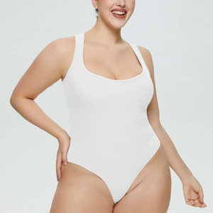 Detail view of white ribbed knit bodysuit with wide straps and smooth U-neckline