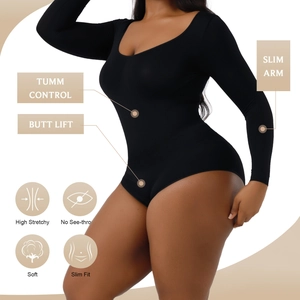 Detail of long sleeve black bodysuit showing tummy control and butt lifting features