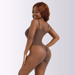 Detail view of the brown ribbed bodysuit showing high cut thong back and slim fit design
