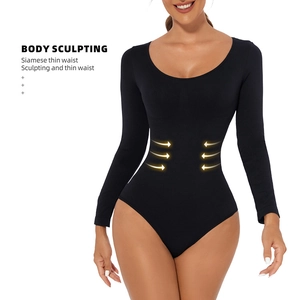 Detail view of black long sleeve body shaper with high-stretch fabric for waist sculpting